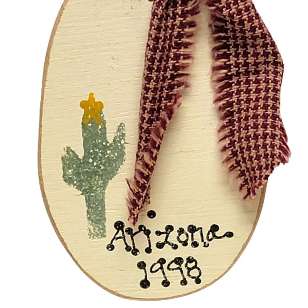 VTG 90s Arizona Snowman Christmas Ornament 1998 Wooden Cactus Country Rustic‎